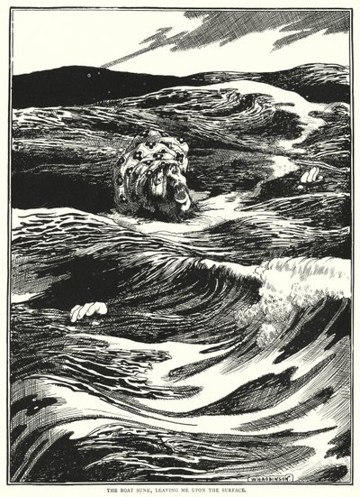 Båten sjönk och lämnade mig på ytan (gravyr) av William Heath Robinson