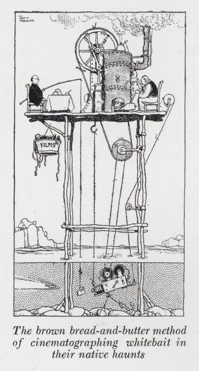 Den bruna bröd-och-smörmetoden för att filma sik i deras hemvist (litho) av William Heath Robinson