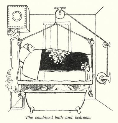 Det kombinerade badrummet och sovrummet (litho) av William Heath Robinson