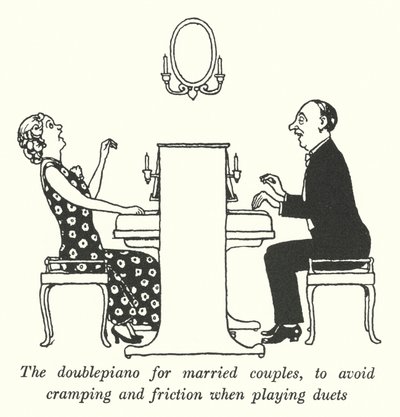 Dubbelpianot för gifta par, för att undvika kramp och friktion när du spelar duetter (litho) av William Heath Robinson