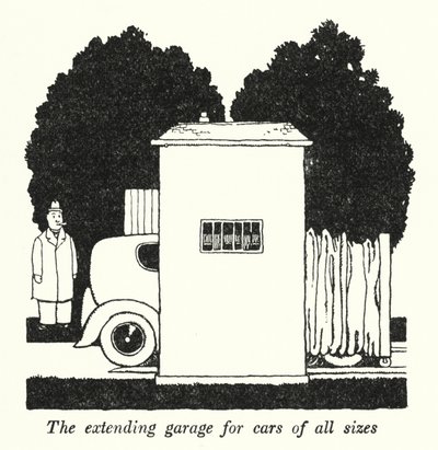 Det utbyggda garaget för bilar av alla storlekar (litho) av William Heath Robinson
