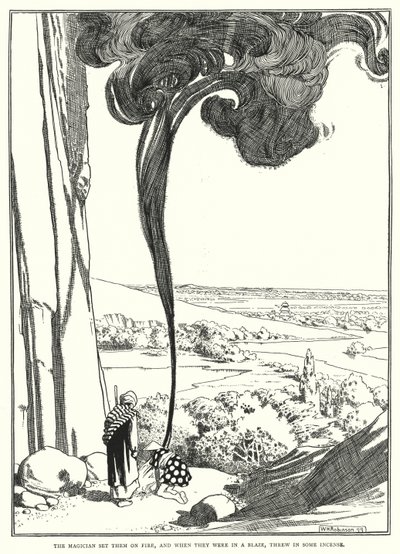 Magikern satte eld på dem, och när de brann, kastade han in lite rökelse (gravyr) av William Heath Robinson