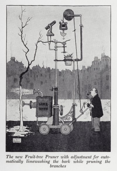 Den nya fruktträdsbeskäraren med justering för automatisk kalktvättning av barken medan du beskär grenarna (litho) av William Heath Robinson