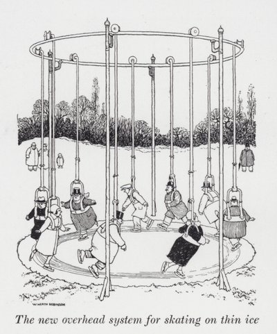 Det nya overheadsystemet för skridskoåkning på tunn is (litho) av William Heath Robinson