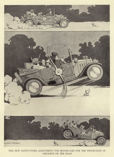 Den nya säkerhetsgaffeljusteringen för bilar för skydd av kycklingar på vägen av William Heath Robinson