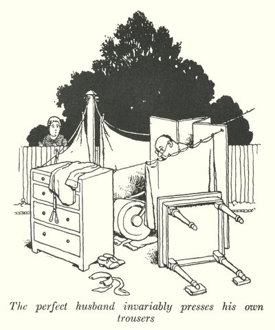 Den perfekta mannen pressar alltid sina egna byxor (litho) av William Heath Robinson
