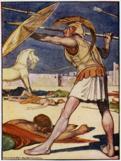 Spjutspetsen flög över vänster axel på Patroclus (färg litho) av William Heath Robinson