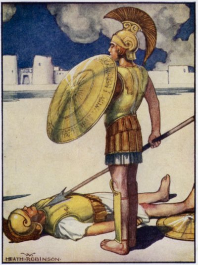 Dödens skugga kom ner över Hector (färg litho) av William Heath Robinson