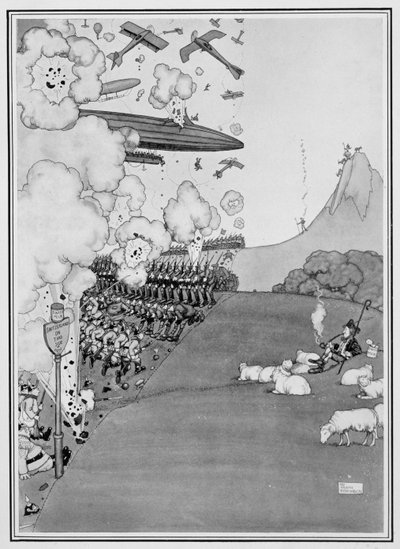 Vy över kriget från Schweiz, från "Some Frightful War Pictures", 1915 av William Heath Robinson