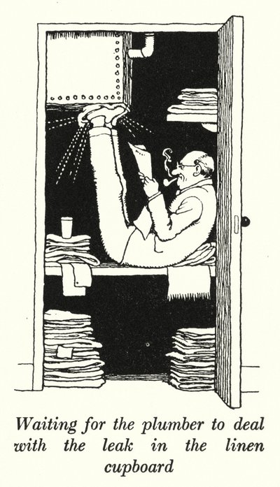 Väntar på att rörmokaren ska ta itu med läckan i linneskåpet (litho) av William Heath Robinson