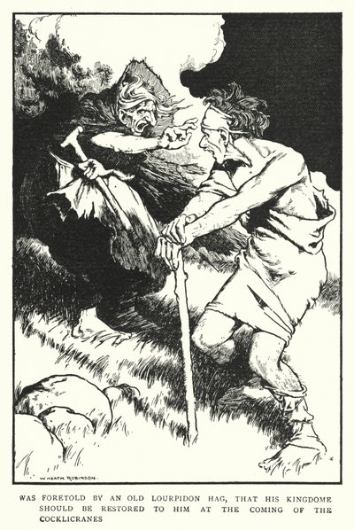 Blev förutsagt av en gammal Lourpidon-hagling att hans kungadöme skulle återställas till honom vid ankomsten av Cocklicranes (litho) av William Heath Robinson