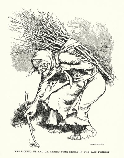 Plockade upp och samlade några pinnar i nämnda skog (litho) av William Heath Robinson