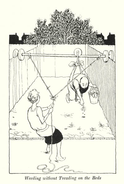 Ogräsrensning utan att trampa på sängarna (litho) av William Heath Robinson