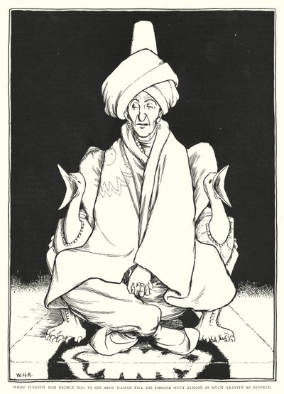 Det som gladde honom mycket var att se Abou Hassan fylla sin tron med nästan lika mycket gravitation som han själv (gravyr) av William Heath Robinson