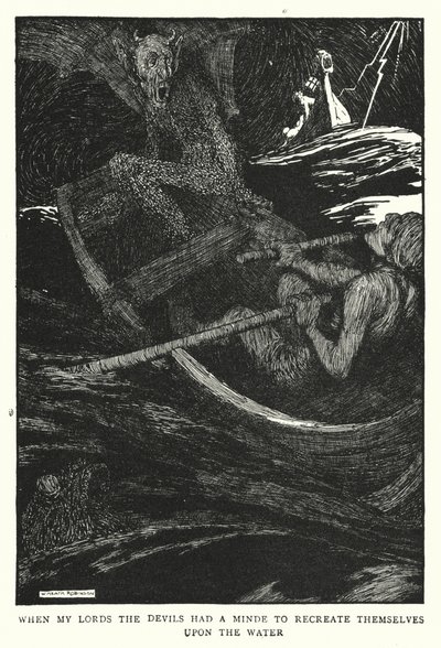 När mina herrar djävlarna hade en vilja att återskapa sig själva på vattnet (litho) av William Heath Robinson