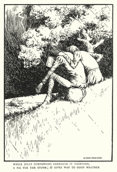Medan glada följeslagare bär det tillsammans, ett fikon för stormen, ger det vika för bra väder (litho) av William Heath Robinson