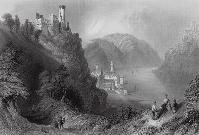 Oberwesel och slottet Schomberg (gravyr) av William Henry (after) Bartlett