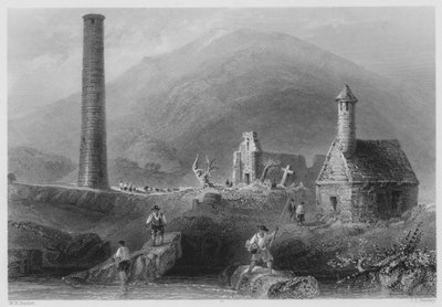 Round Tower, etc, Glendalough, County Wicklow (gravyr) av William Henry (after) Bartlett