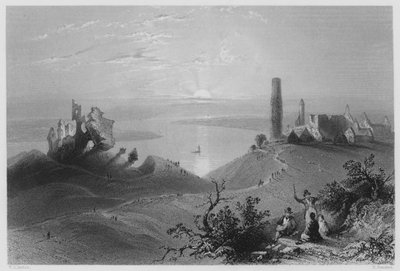 Sju kyrkor i Clonmacnoise, på Shannon (gravyr) av William Henry (after) Bartlett