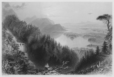 The Lower and Torc Lakes, Killarney, från Torc Waterfall (gravyr) av William Henry (after) Bartlett