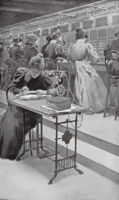 I arbete i ett telefonrum (litho) av William Henry (after) Margetson