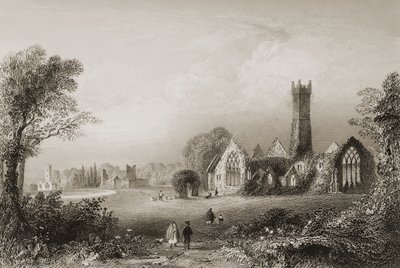 Augustinian Abbey i Adare, County Limerick, Irland, från "Scenery and Antiquities of Ireland" av George Virtue, 1860-talet av William Henry Bartlett