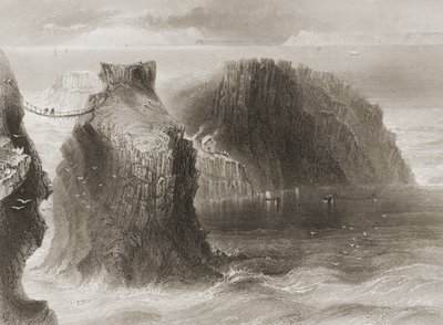 Carrick-a-Rede Rope Bridge, County Antrim, Nordirland, från "Scenery and Antiquities of Ireland" av George Virtue, 1860-talet av William Henry Bartlett