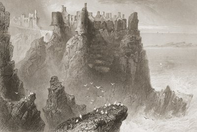 Dunluce Castle, County Antrim, Nordirland, från "Scenery and Antiquities of Ireland" av George Virtue, 1860-talet av William Henry Bartlett