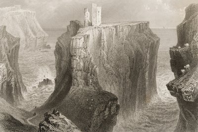 Dunseverick Castle, County Antrim, Nordirland, från "Scenery and Antiquities of Ireland" av George Virtue, 1860-talet av William Henry Bartlett