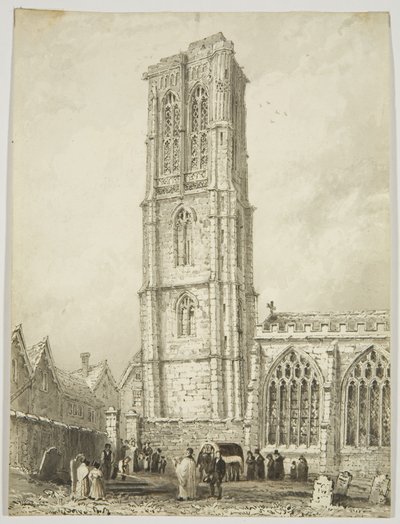Exteriör av Temple Church, visar en internering, ca 1825 (penna och akvarell på papper) av William Henry Bartlett