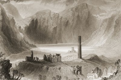 Glendalough, County Wicklow, Irland, från "Scenery and Antiquities of Ireland" av George Virtue, 1860-talet av William Henry Bartlett