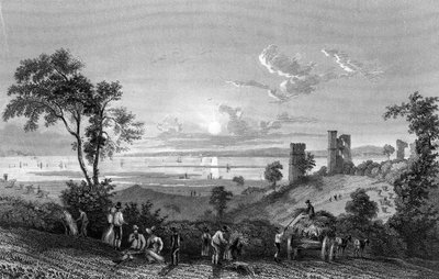 Hadleigh Castle, Essex, med utsikt mot Sheerness, graverad av William Watkins, 1835 av William Henry Bartlett