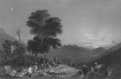 Stopp av en karavan i öknen i Girgola, nära berget Amanus av William Henry Bartlett