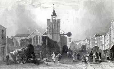 High St. med Church of St. Nicholas, Colchester, Essex, graverad av Charles Mottram, 1831 (gravyr) av William Henry Bartlett