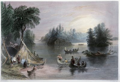 Indiska tipis och kanoter, Banks of the St Laurent - i "" kanadensiskt landskap illustrerad" av W.H. Bartlett, London av William Henry Bartlett