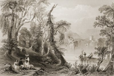 Innisfallen, Killarney Lake, County Killarney, från "Scenery and Antiquities of Ireland" av George Virtue, 1860-talet av William Henry Bartlett