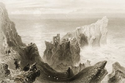 Kenbaan Castle, nära Ballycastle, County Antrim, Nordirland, från "Scenery and Antiquities of Ireland" av George Virtue, 1860-talet av William Henry Bartlett