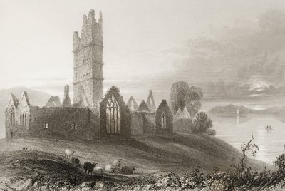 Moyne Abbey, County Mayo, Irland, från "Scenery and Antiquities of Ireland" av George Virtue, 1860-talet av William Henry Bartlett