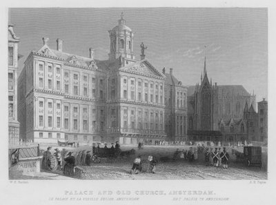 Palats och gamla kyrkan, Amsterdam (gravyr) av William Henry Bartlett