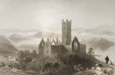 Roserk Abbey, County Mayo, Irland, från "Scenery and Antiquities of Ireland" av George Virtue, 1860-talet av William Henry Bartlett