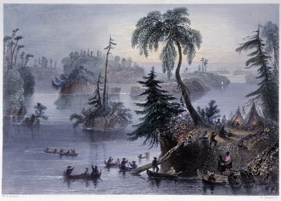 Scen bland de tusen öarna: Camp and Boats, Mille îles - i "" Kanadensiskt landskap illustrerad" av Bartlett W. H. av William Henry Bartlett
