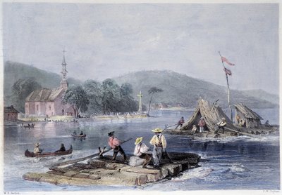 Nybyggarflottar och transport av trä på Lake of the Two Mountains - i "" kanadensiskt landskap illustrerad av Bartlett W. H. av William Henry Bartlett