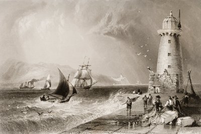 South Wall Lighthouse med Howth Hill in the Distance, Dublin, från "Scenery and Antiquities of Ireland" av George Virtue, 1860-talet av William Henry Bartlett