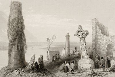 The Ancient Cross and Round Tower i Clonmacnois, County Offaly, Irland, från "Scenery and Antiquities of Ireland" (se 131074) av William Henry Bartlett