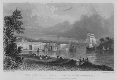 Det nya proviantkontoret, etc, Devonport, från baksidan av regeringshuset (gravyr) av William Henry Bartlett