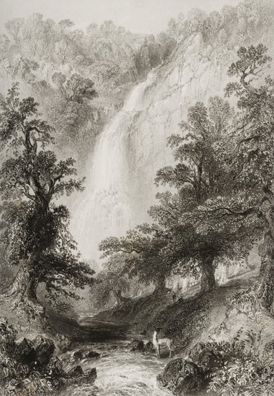 Vattenfallet, Powerscourt, County Wicklow, Irland, från "Scenery and Antiquities of Ireland" av George Virtue, 1860-talet av William Henry Bartlett