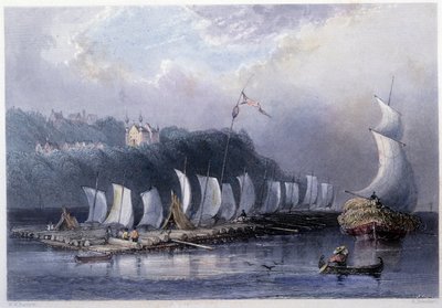 Virkestransport på St Laurent vid Cap Santé - i "" kanadensiskt landskap illustrerad"" av Bartlett W. H. av William Henry Bartlett