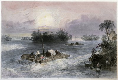 Transport av trä och forsar till byn Cedars - i "" kanadensiskt landskap illustrerad" av Bartlett W. H. av William Henry Bartlett