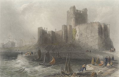 Utsikt över Carrickfergus Castle (färggravyr) av William Henry Bartlett