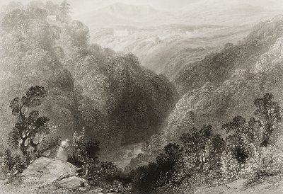 Vy över Powerscourt från Dargle, County Wicklow, från "Scenery and Antiquities of Ireland" av George Virtue, 1860-talet av William Henry Bartlett
